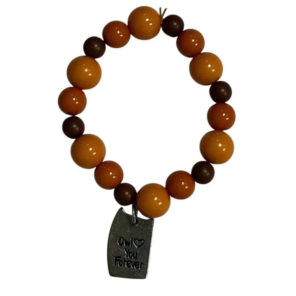 Owl Charm‎ Orange and Brown Beaded Stretch Bracelet Fall Neutral Owl You Forever